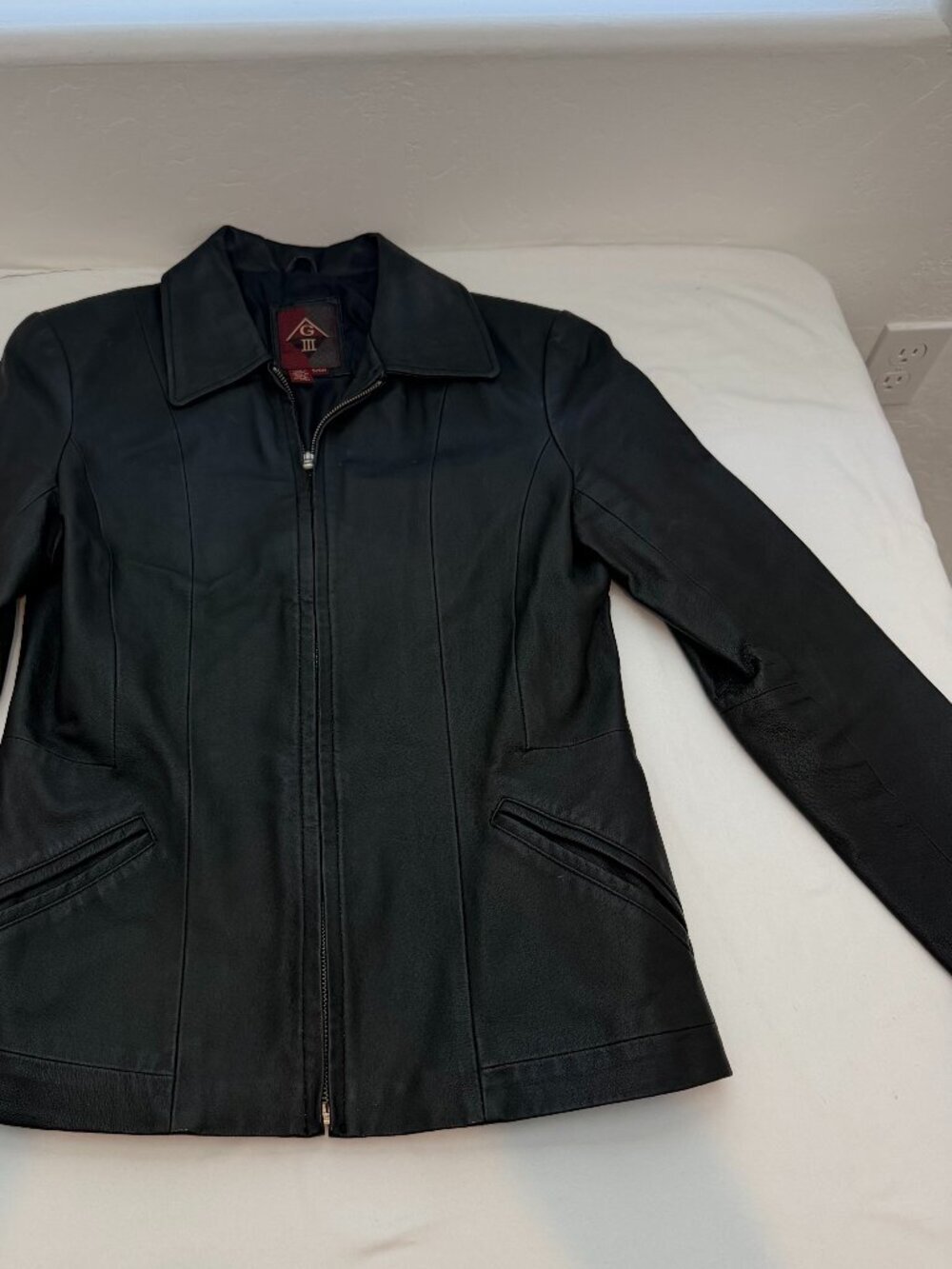G-III Genuine Leather Jacket Womens Small Black Zip Front Career Moto Coat